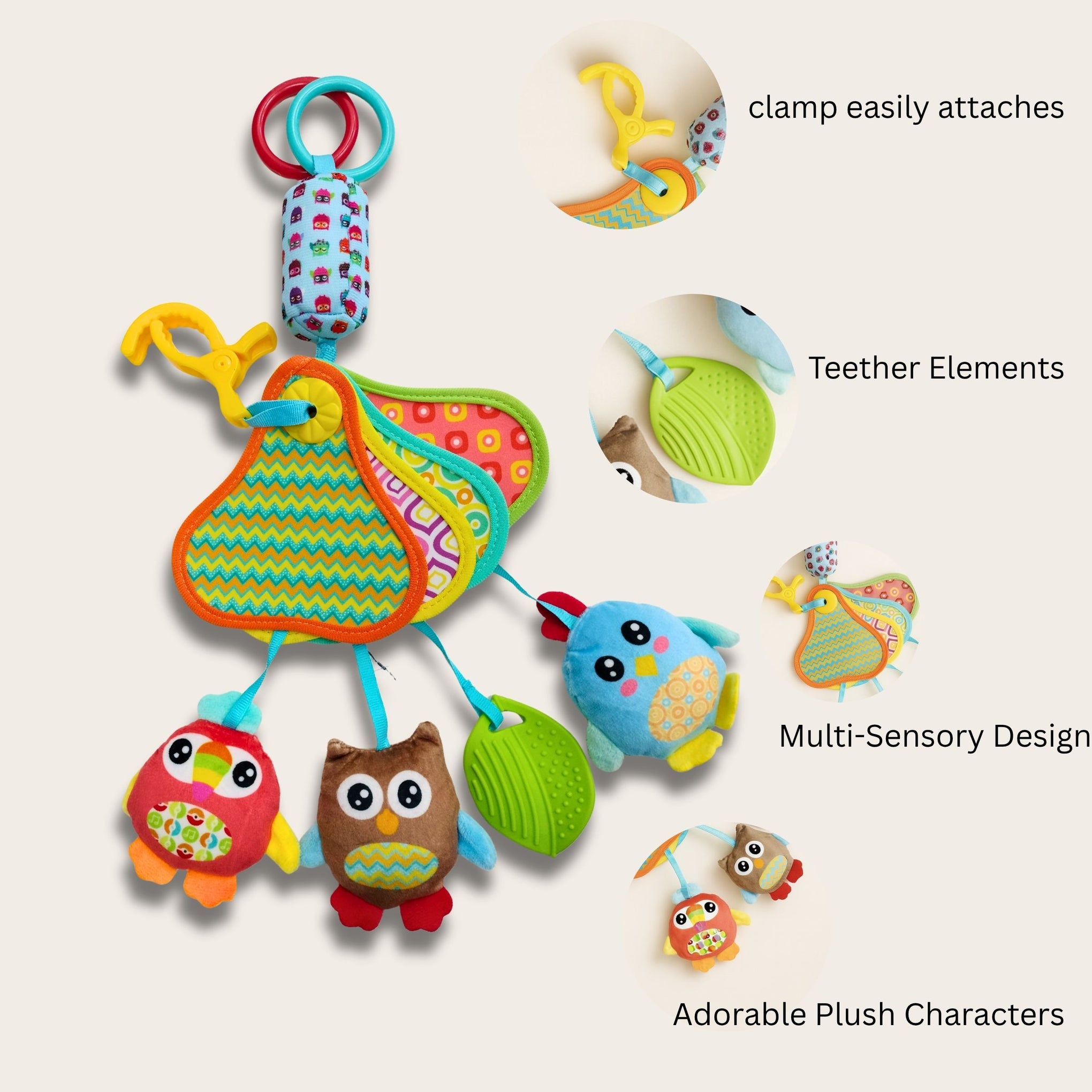 Smile Baby Multi-Sensory Hanging Crib & Stroller Toy – Soft Animal Plush with Teether, Rattles & Textured Shapes | 0+ Months| HANGING toy