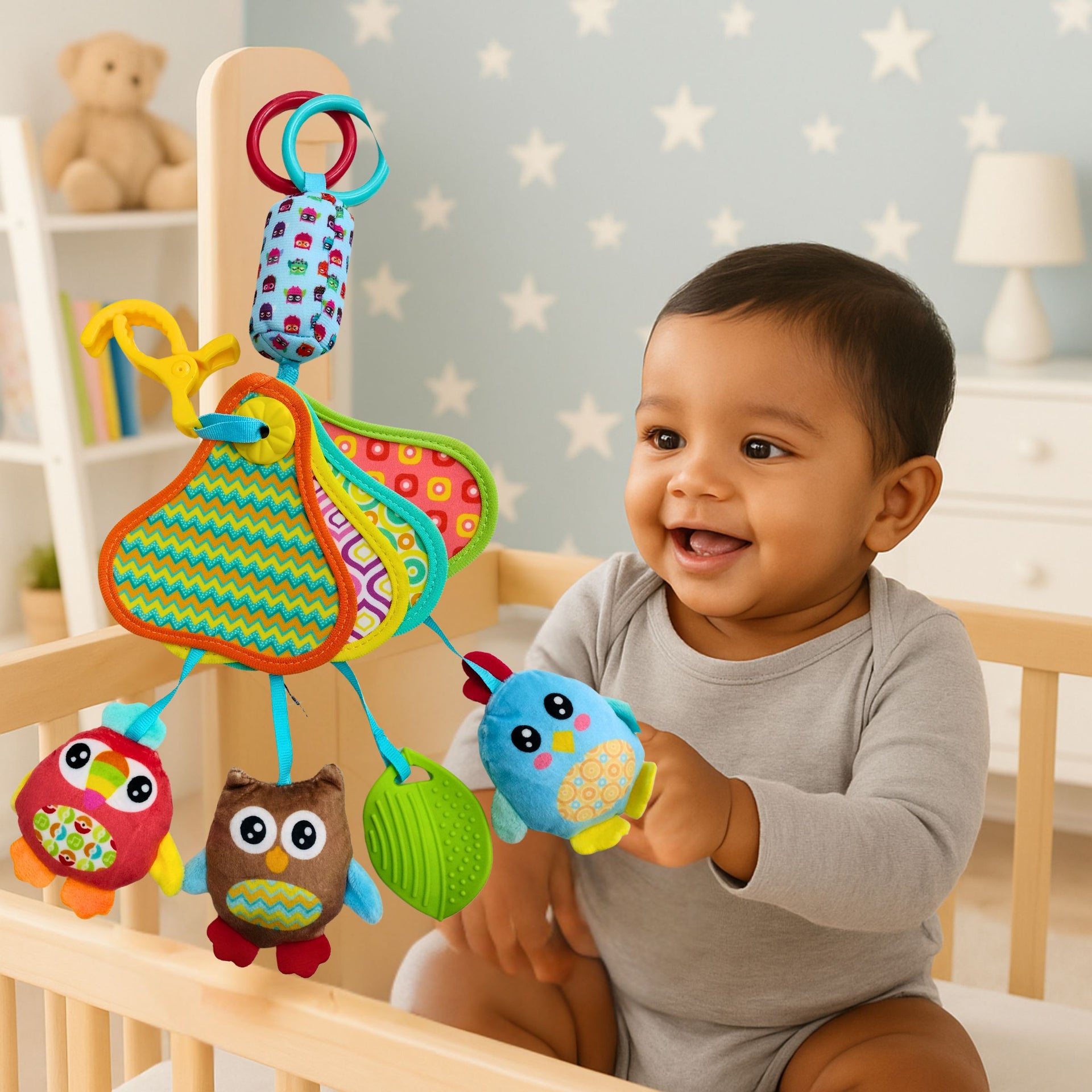Smile Baby Multi-Sensory Hanging Crib & Stroller Toy – Soft Animal Plush with Teether, Rattles & Textured Shapes | 0+ Months| HANGING toy