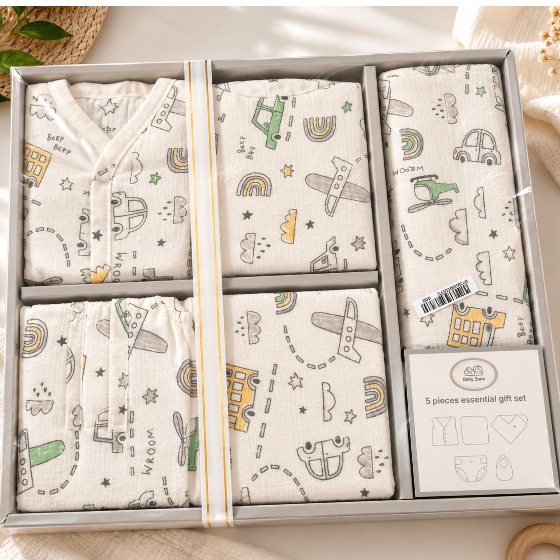 Smile Baby Muslin Newborn Essential Gift Set – 5 Piece Baby Gift Box (Muslin Vest, Nappy, Bib, Napkin & Swaddle) | Soft Cotton for Newborn Babies