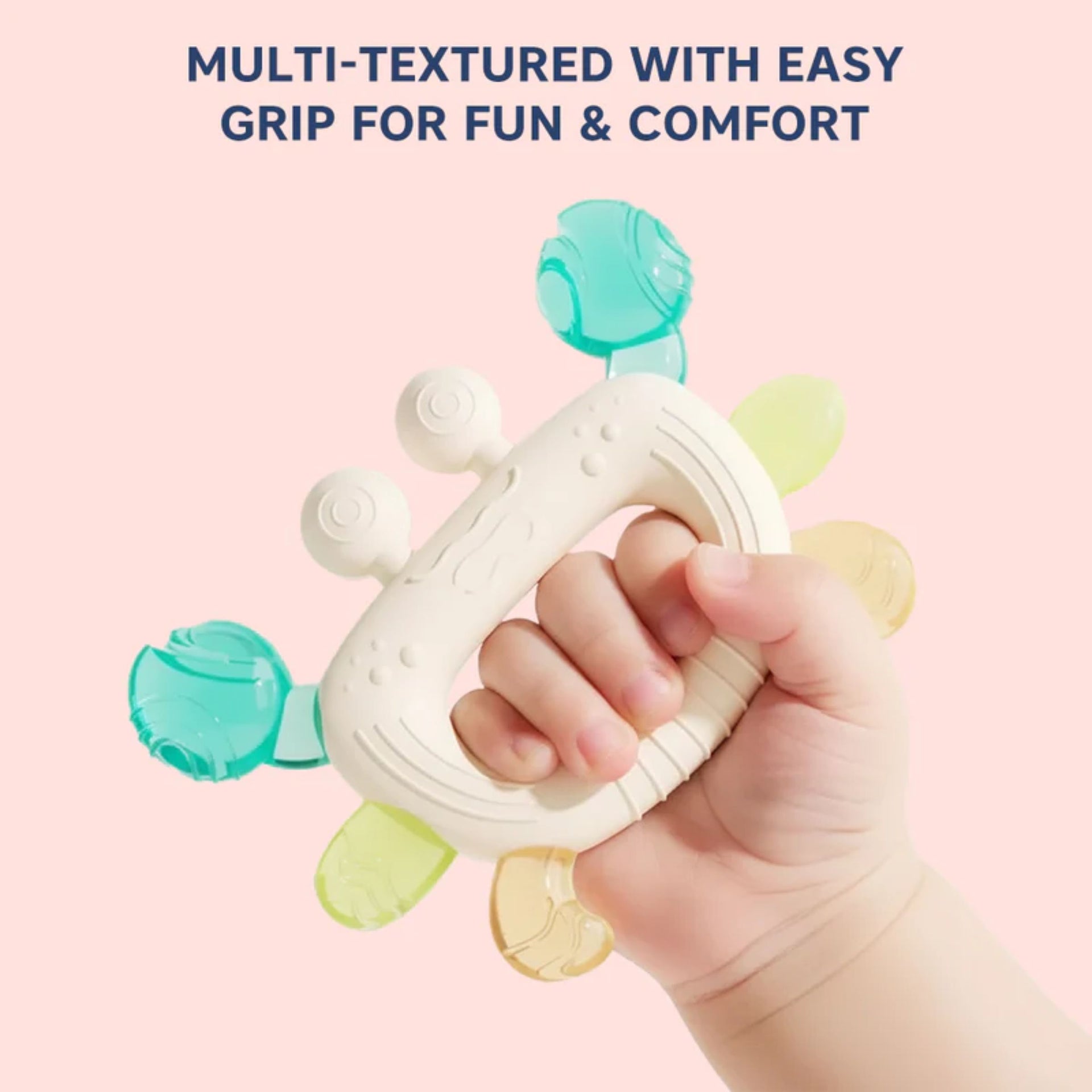 Hopop Easy Grip Silicone Teether for Babies | BPA-Free Soft Teething Toy | Easy Hold Design | Blue, Orange & Green Colors