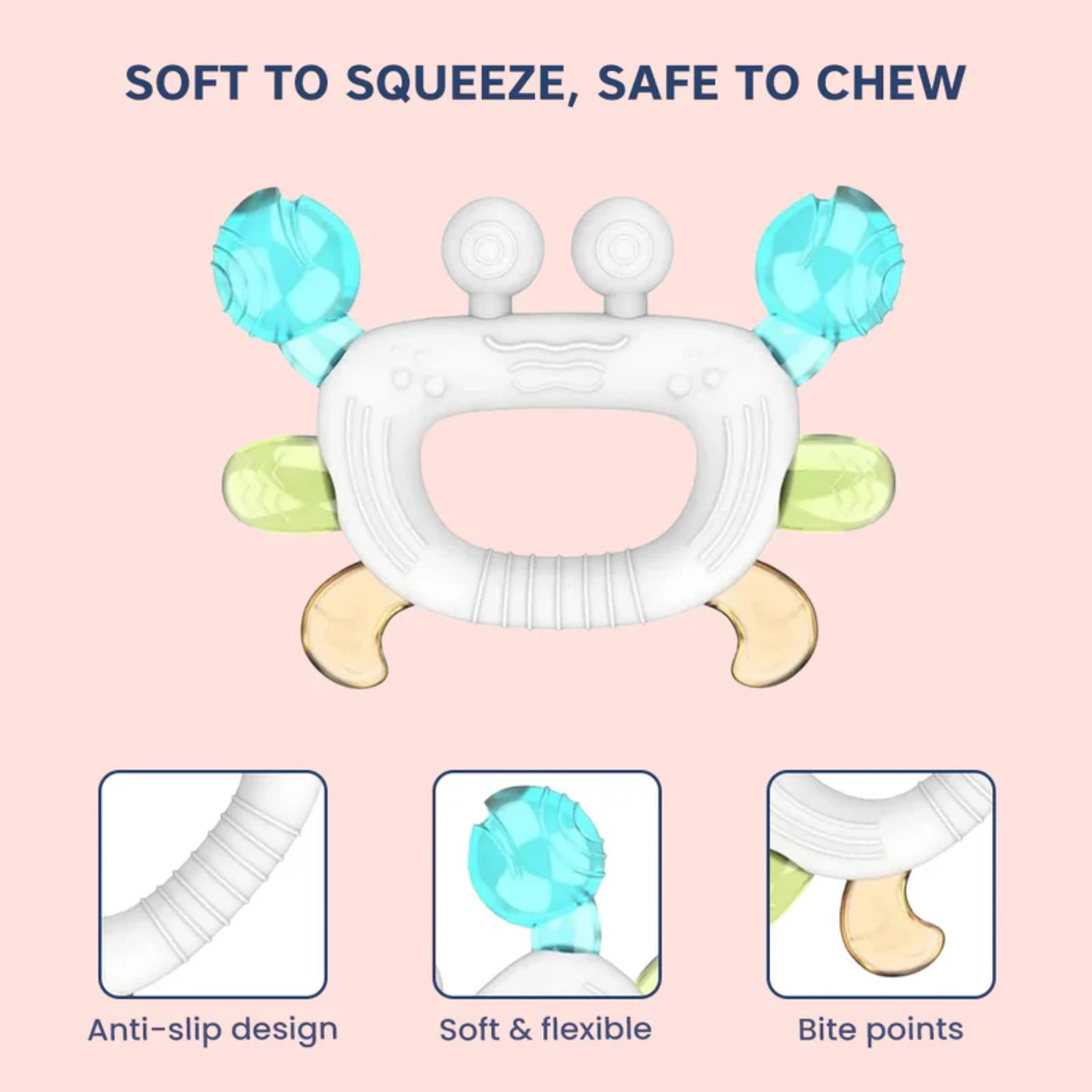 Hopop Easy Grip Silicone Teether for Babies | BPA-Free Soft Teething Toy | Easy Hold Design | Blue, Orange & Green Colors