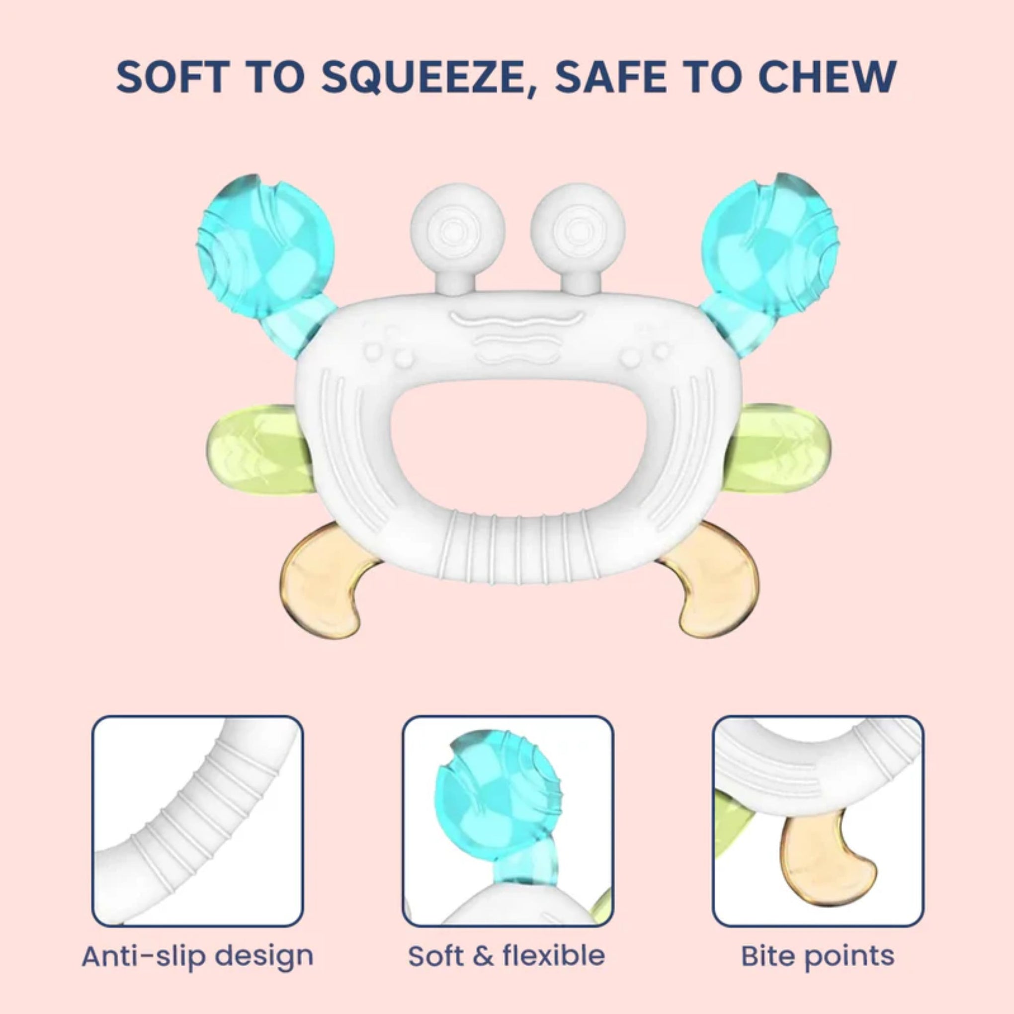 Hopop Easy Grip Silicone Teether for Babies | BPA-Free Soft Teething Toy | Easy Hold Design | Blue, Orange & Green Colors