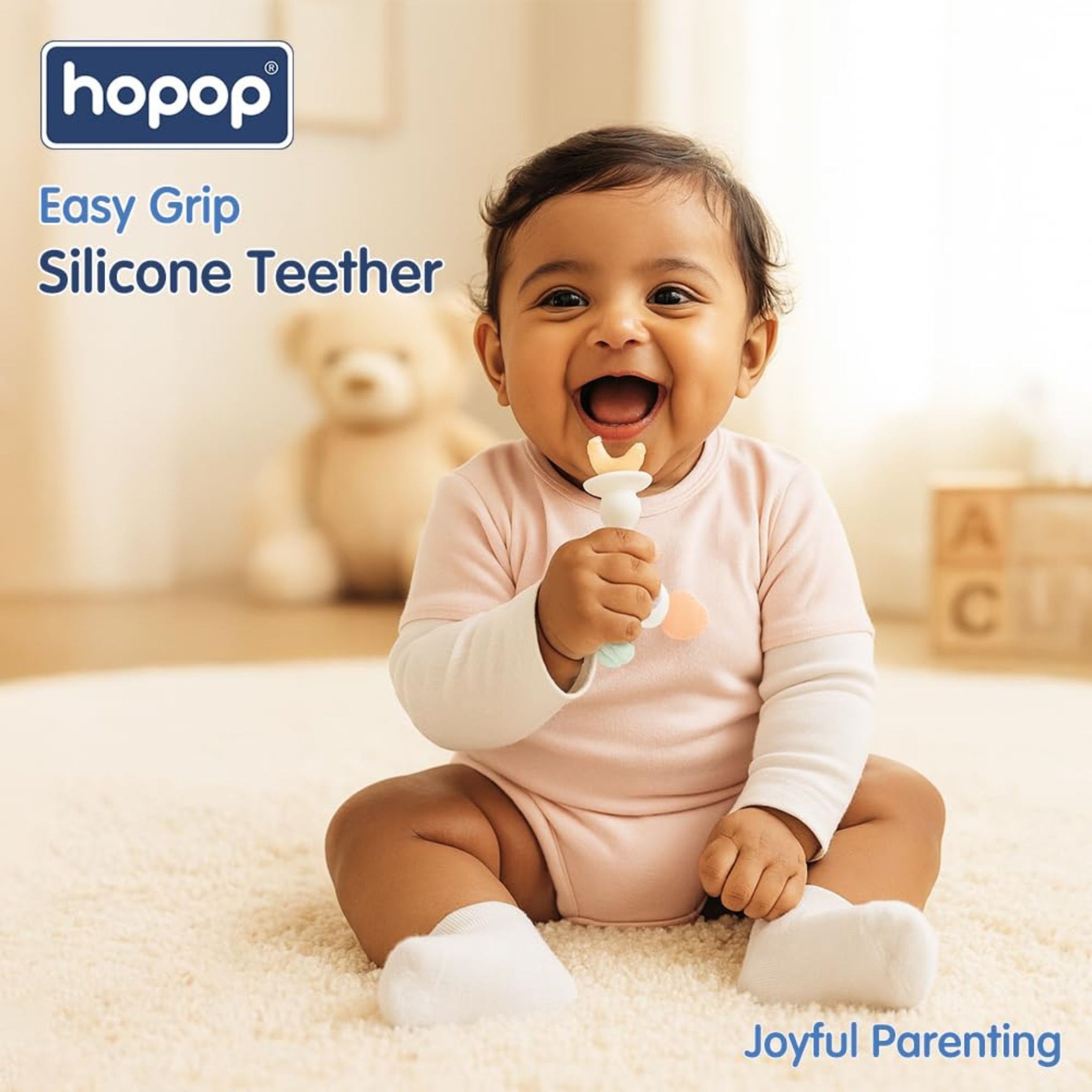 Hopop Baby Silicone Teether with Easy Grip Handle | BPA-Free Soft Teething Toy for Infants | Blue & Pink Color Options