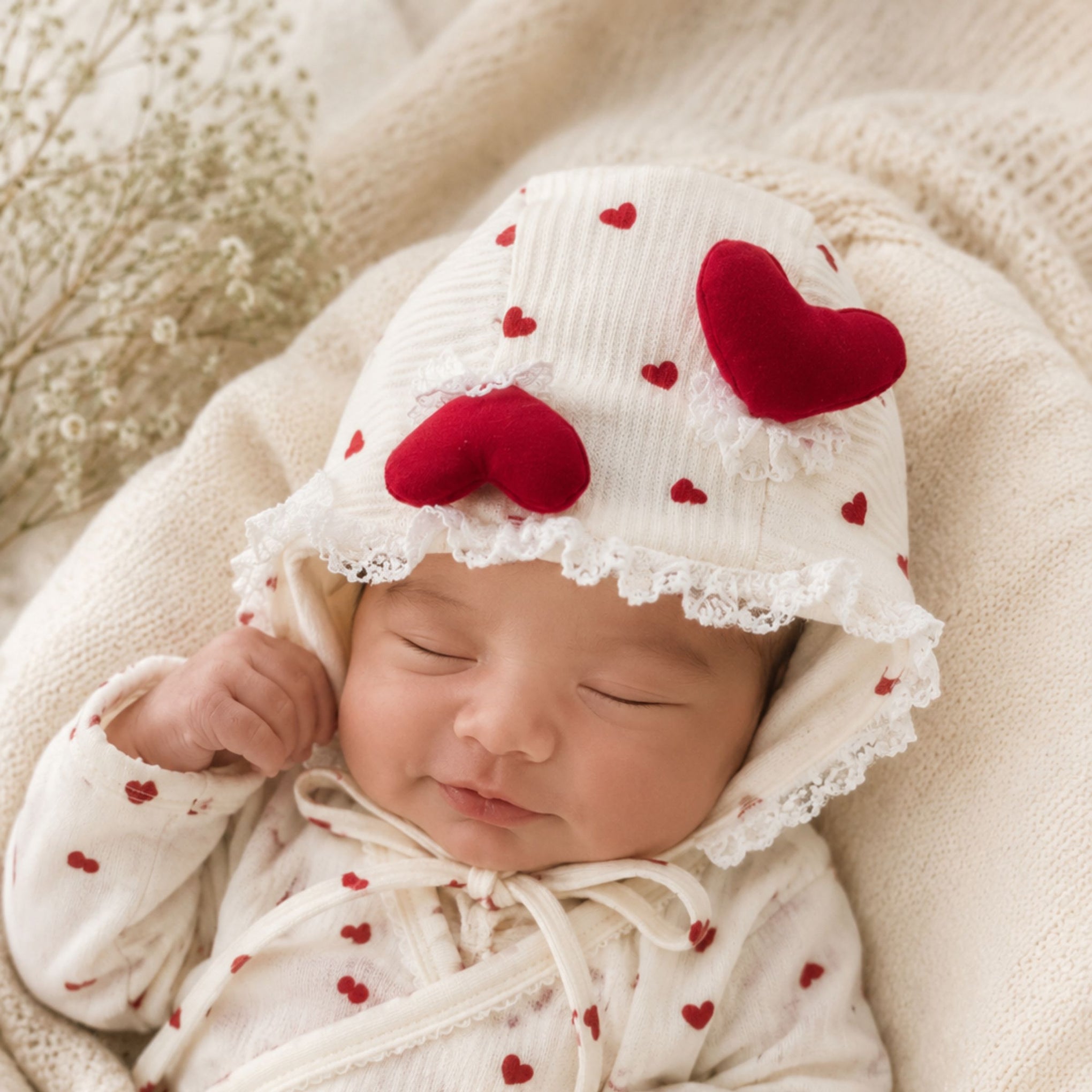 Smile Baby Baby Girls Heart Lace Bonnet Cap | Soft Cotton Newborn Hat with Double Heart Appliqué | Adjustable Chin Tie | Pink, Maroon & Light Brown