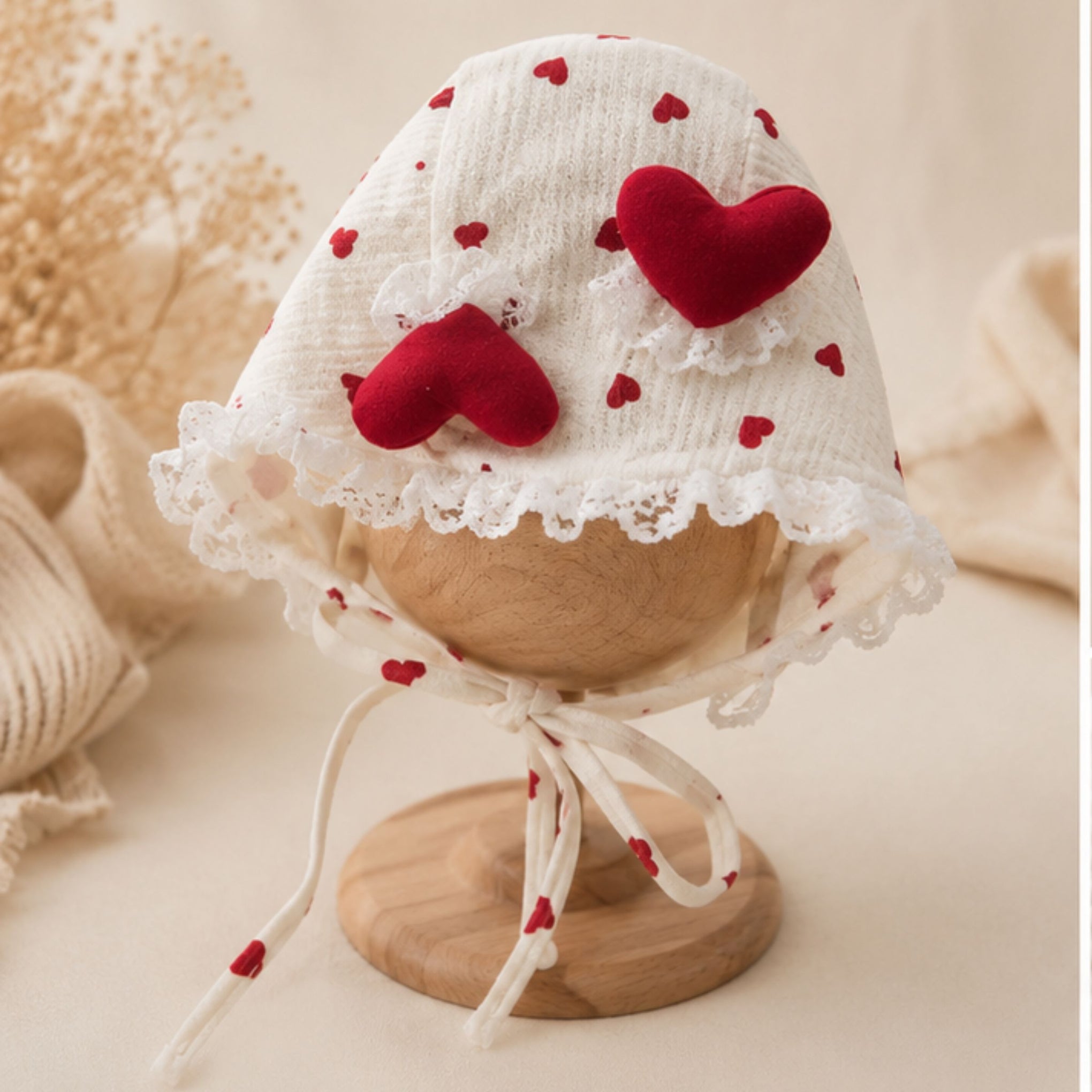 Smile Baby Baby Girls Heart Lace Bonnet Cap | Soft Cotton Newborn Hat with Double Heart Appliqué | Adjustable Chin Tie | Pink, Maroon & Light Brown