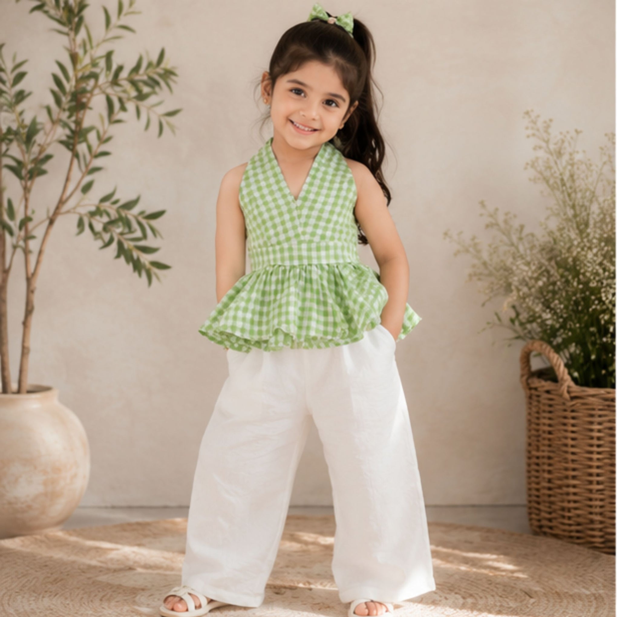 Smile Baby Girls Gingham Halter Top & Wide Leg Pant Co-Ord Set | Summer Casual Outfit | Green & Pink | 4-14 Years
