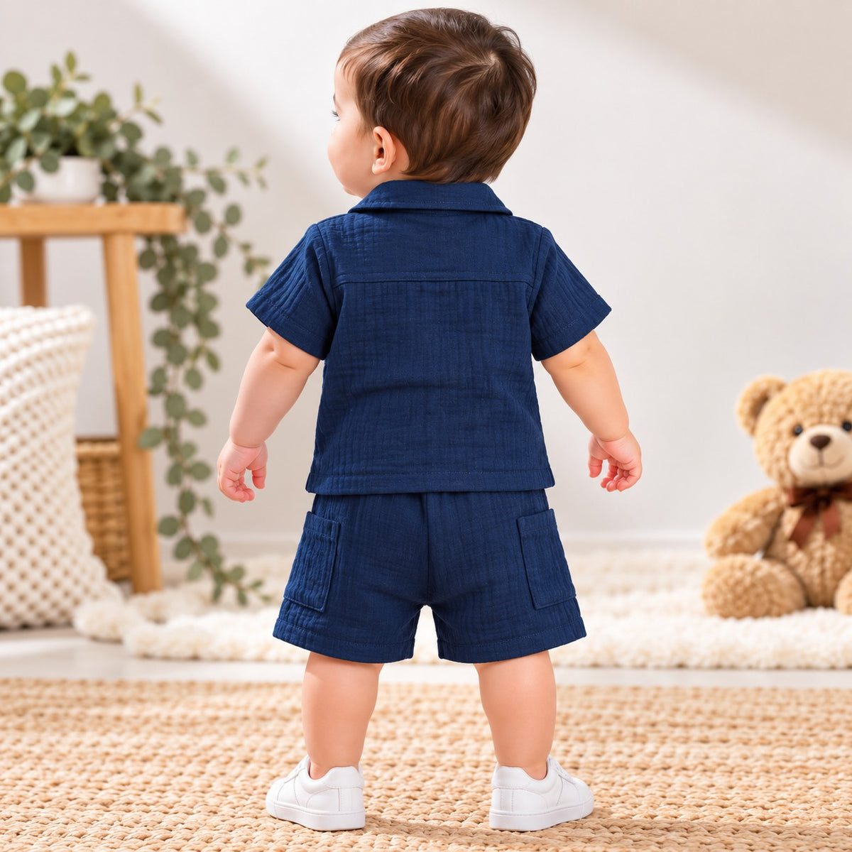 Smile Baby Muslin navy shirt and shorts set for baby boys, back view