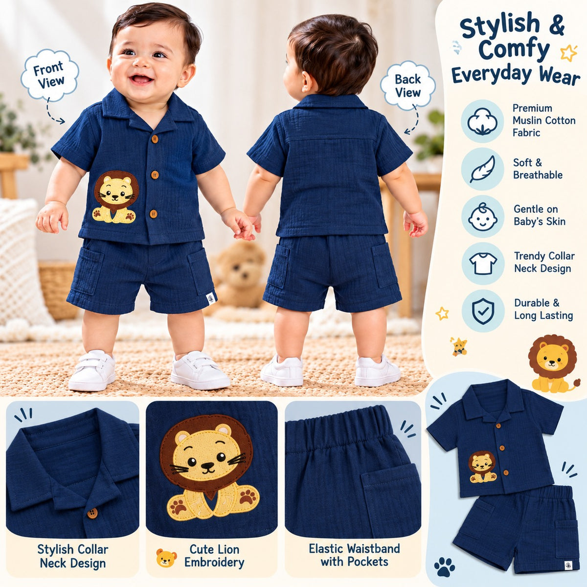 Smile Baby Muslin navy shirt and shorts set for baby boys with lion embroidery, front and back views