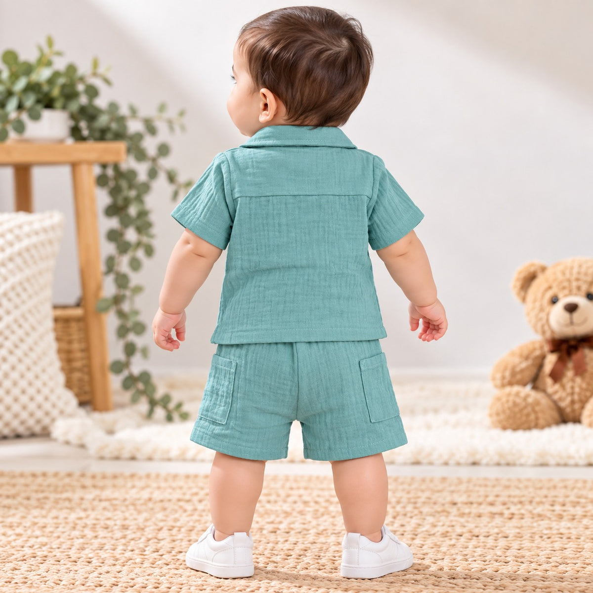 Smile Baby aqua blue Muslin shirt and shorts set for baby boys, back view