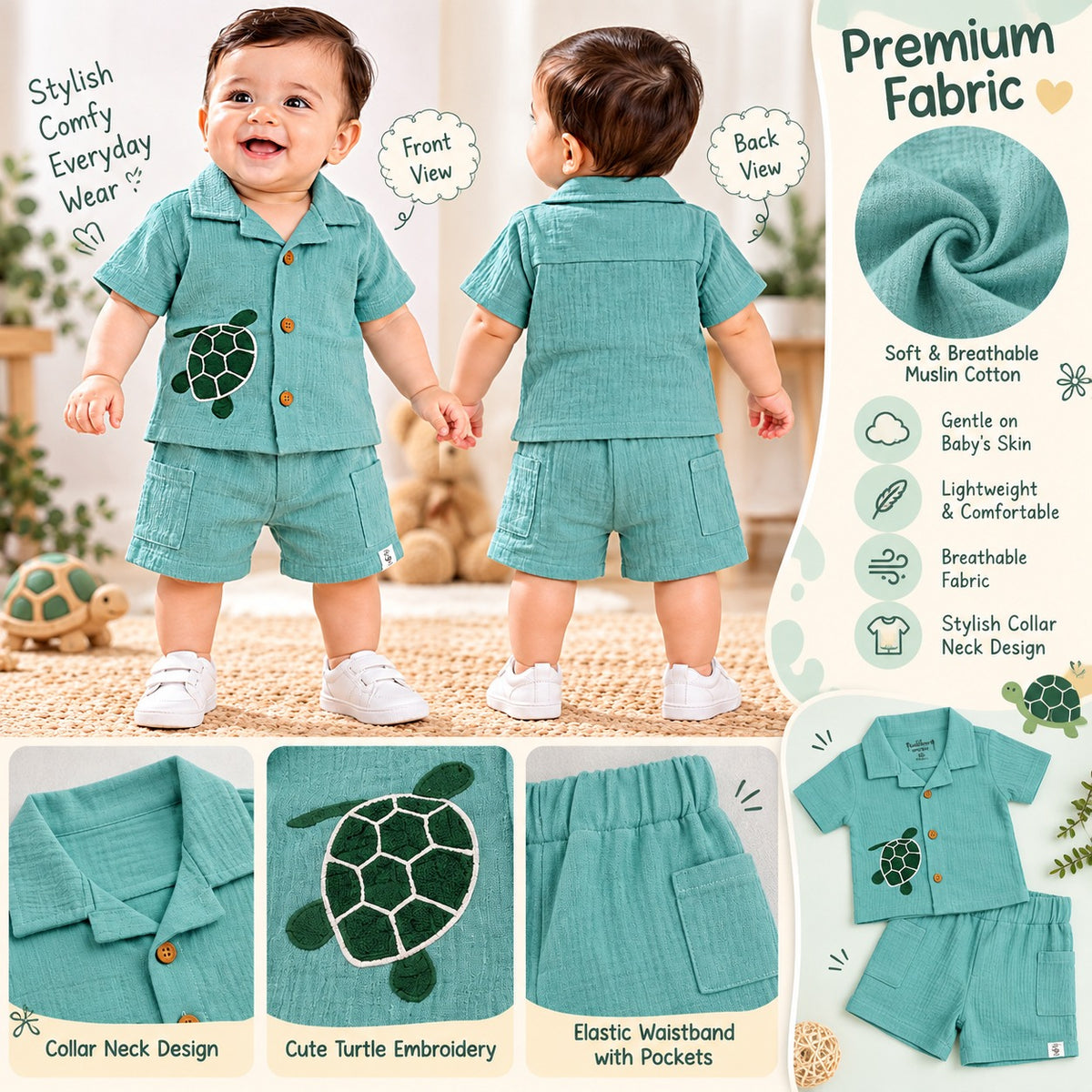 Smile Baby aqua blue Muslin baby boy shirt and shorts set with turtle embroidery and fabric details