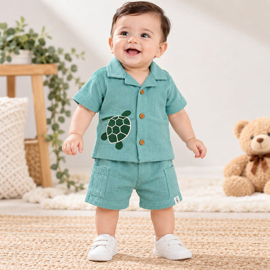 Smile Baby aqua blue Muslin shirt and shorts set for baby boys, front view