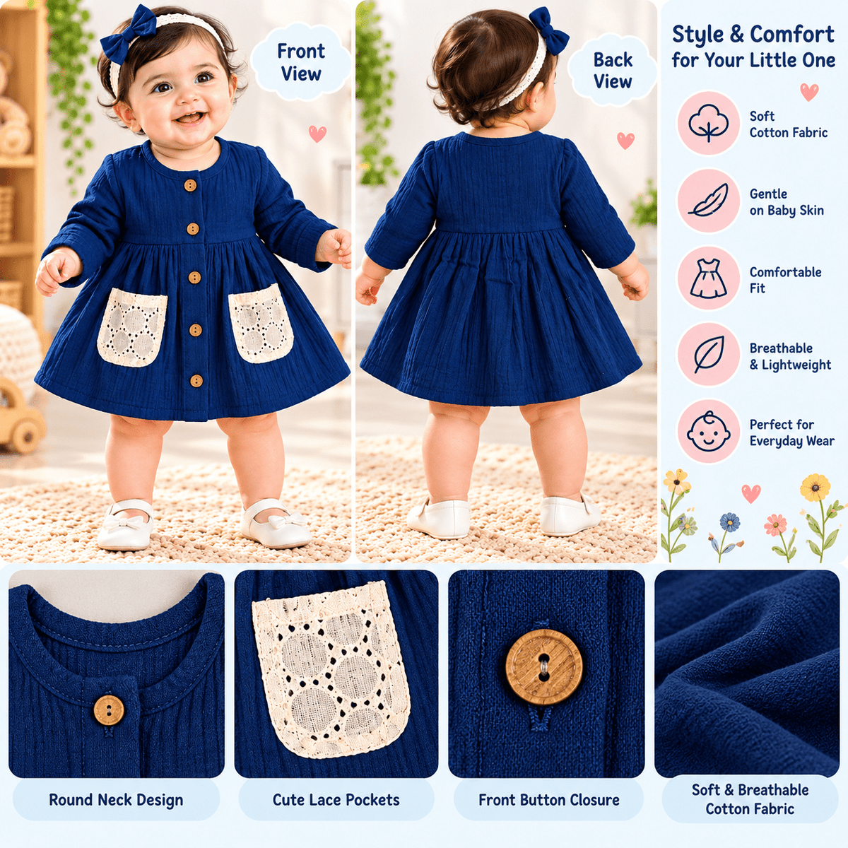 Smile Baby Baby Girl Cotton Frock with Lace Pockets – Navy & Red - SMILE BABY