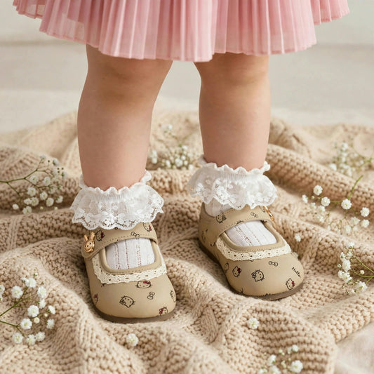 Smile Baby beige Hello Kitty baby girl Mary Jane shoes with lace trim and bunny buckle