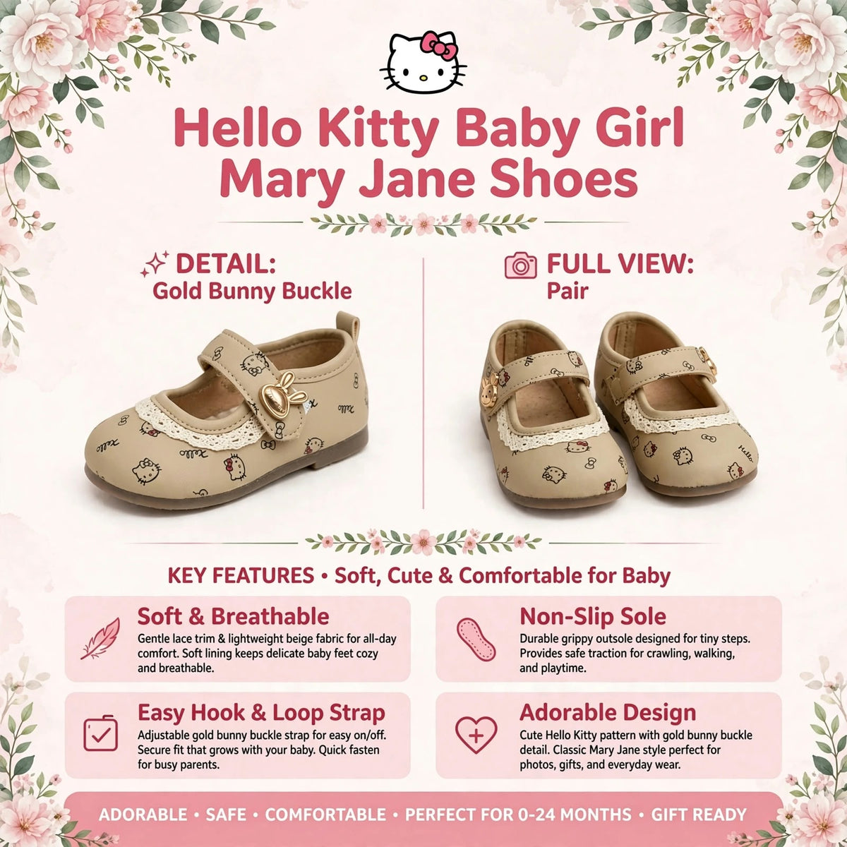 Smile Baby beige Hello Kitty Mary Jane baby shoes with gold bunny buckle