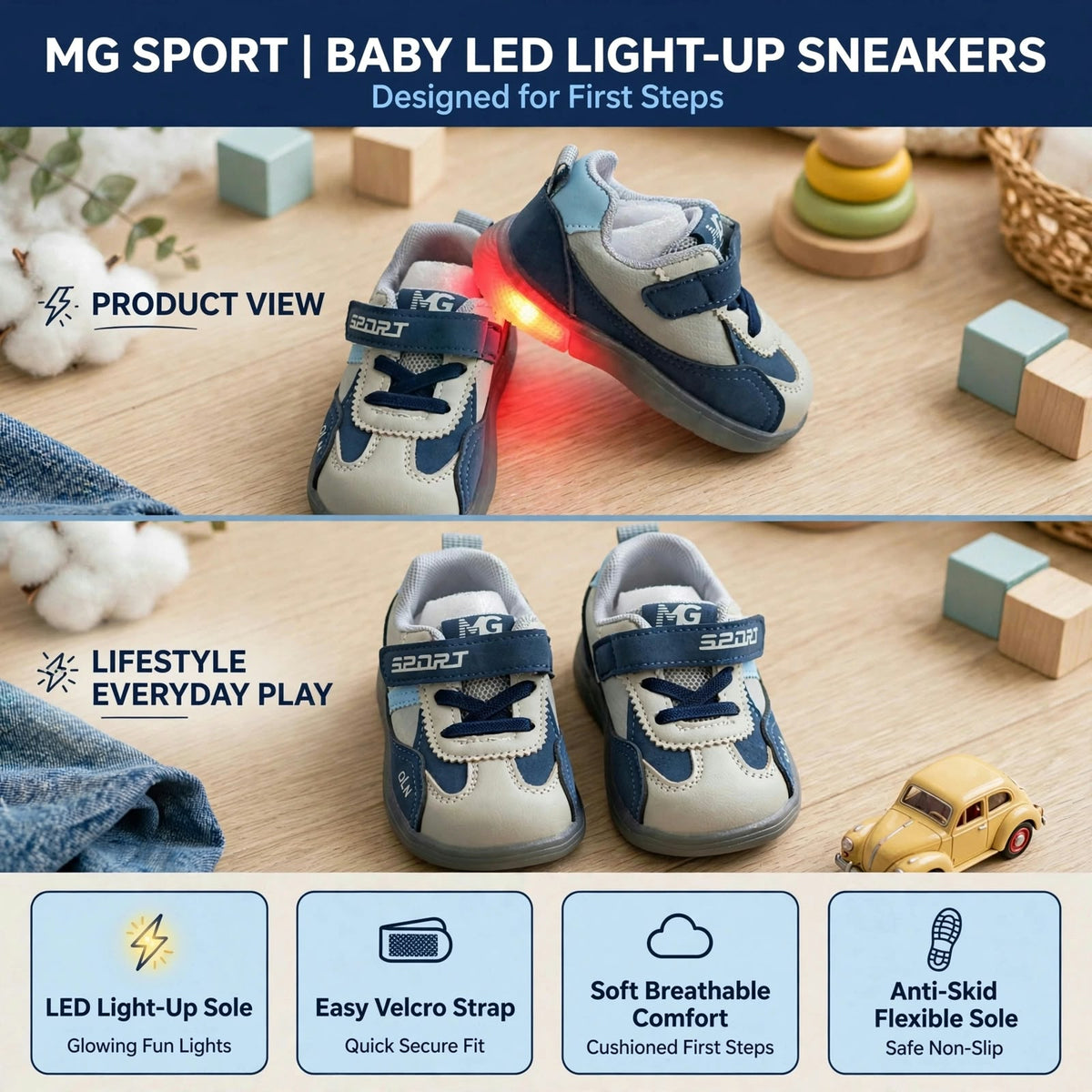 Smile Baby blue LED light up baby sneakers with flexible sole