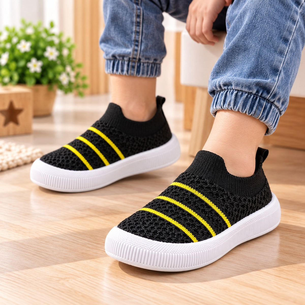 Smile Baby boys black slip-on sneakers with breathable knit upper