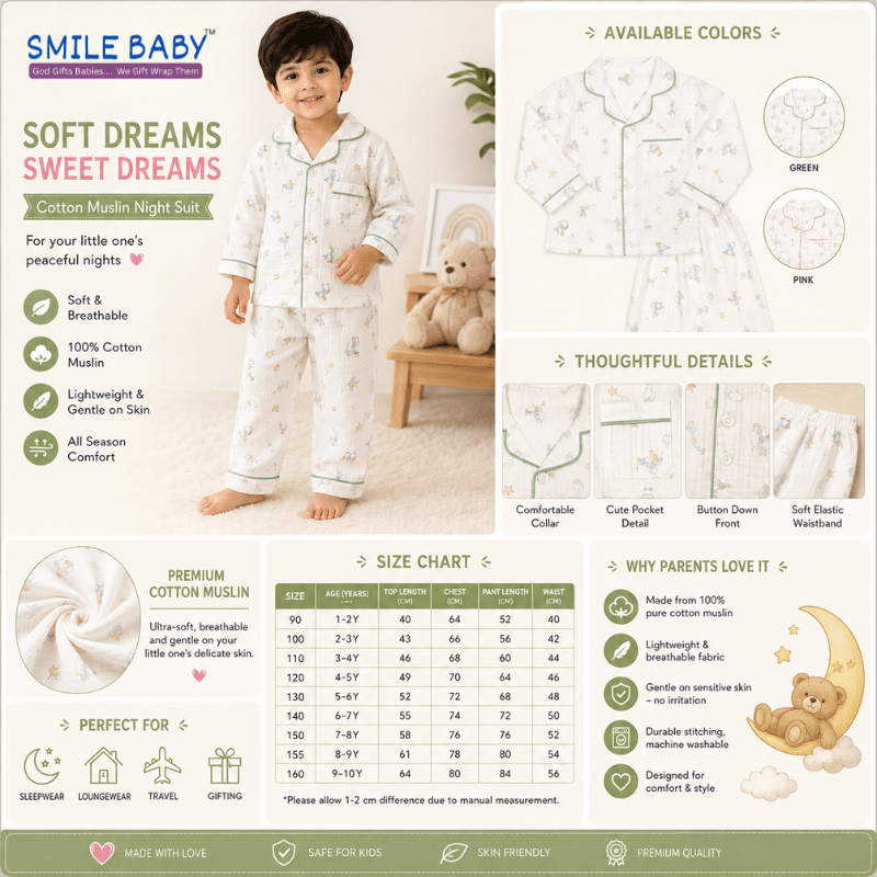 Smile Baby Boys Printed Cotton Night Suit Set | Full Sleeve Shirt & Pajama Set - SMILE BABY