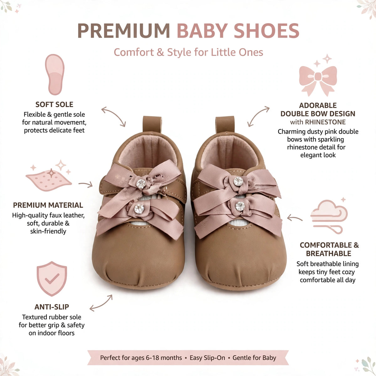 Smile Baby brown baby shoes with soft sole double bow rhinestone design