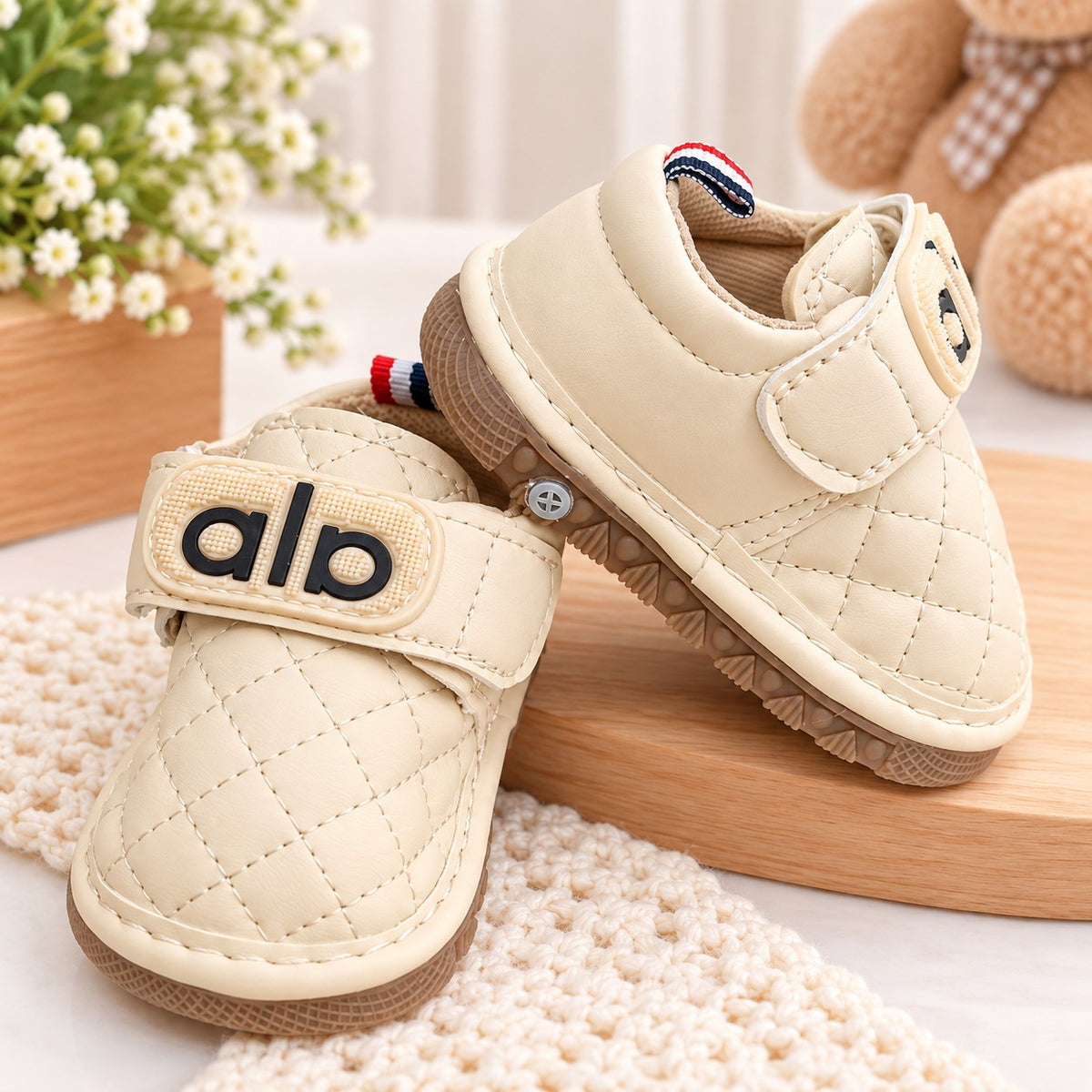 Smile Baby beige Chu Chu baby music shoes side view with non-slip sole