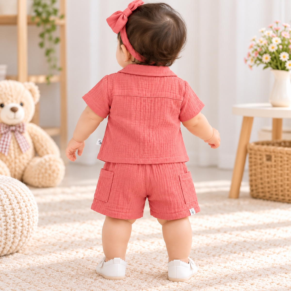 Smile Baby coral Muslin shirt and shorts set for baby girls, front view with hot air balloon embroidery