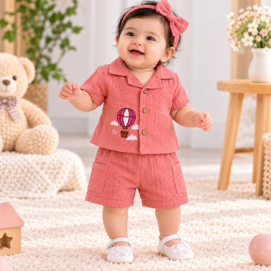 Smile Baby coral shirt and shorts set for baby girls, back view