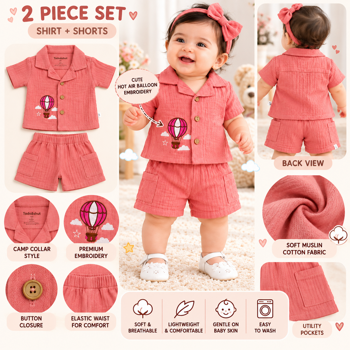 Smile Baby coral baby girl shirt and shorts set infographic with muslin cotton fabric and features