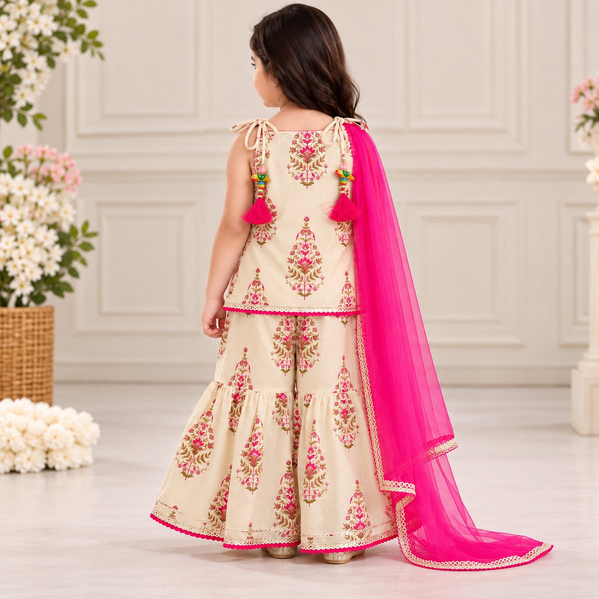 Smile Baby girls cream floral printed palazzo set with pink dupatta back view