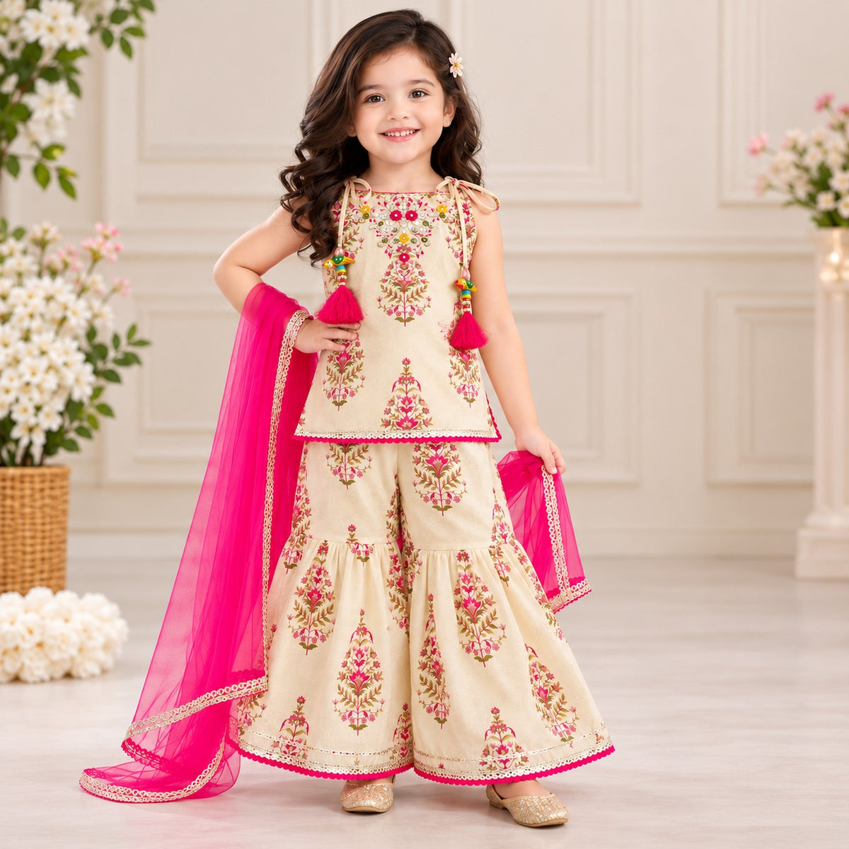 Smile Baby girls cream floral printed palazzo set with pink dupatta front view