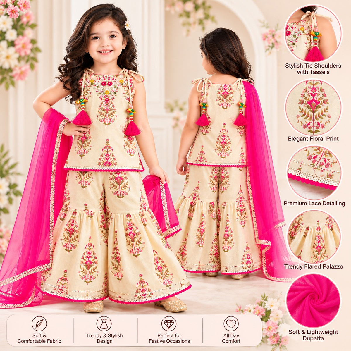 Smile Baby girls cream floral palazzo set product details with tassels lace and soft pink dupatta