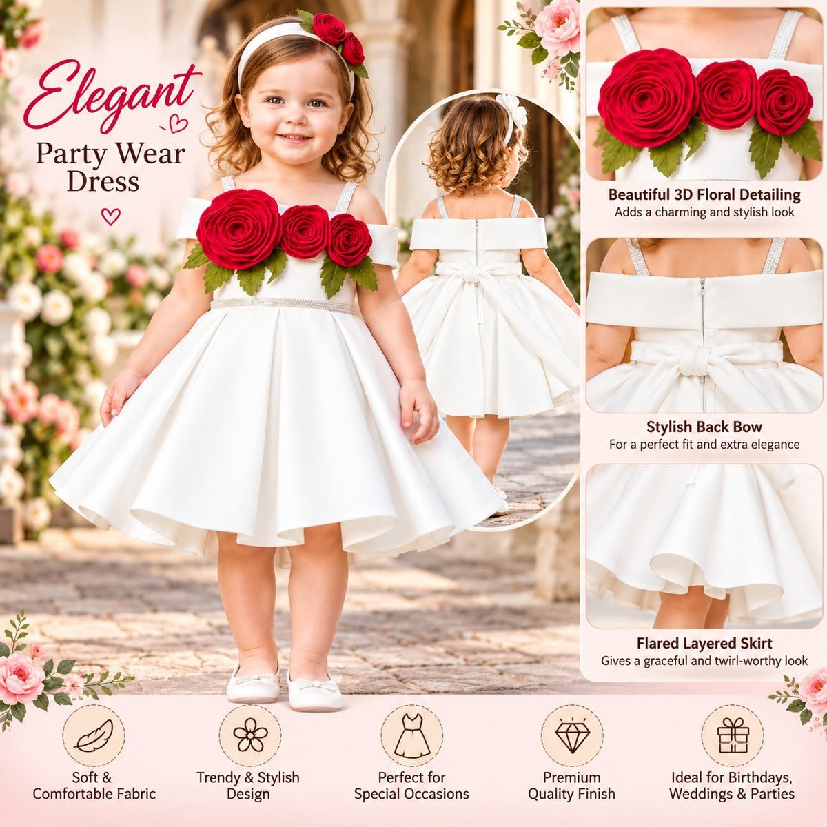 Smile Baby floral party wear girls dress in white with 3D red roses