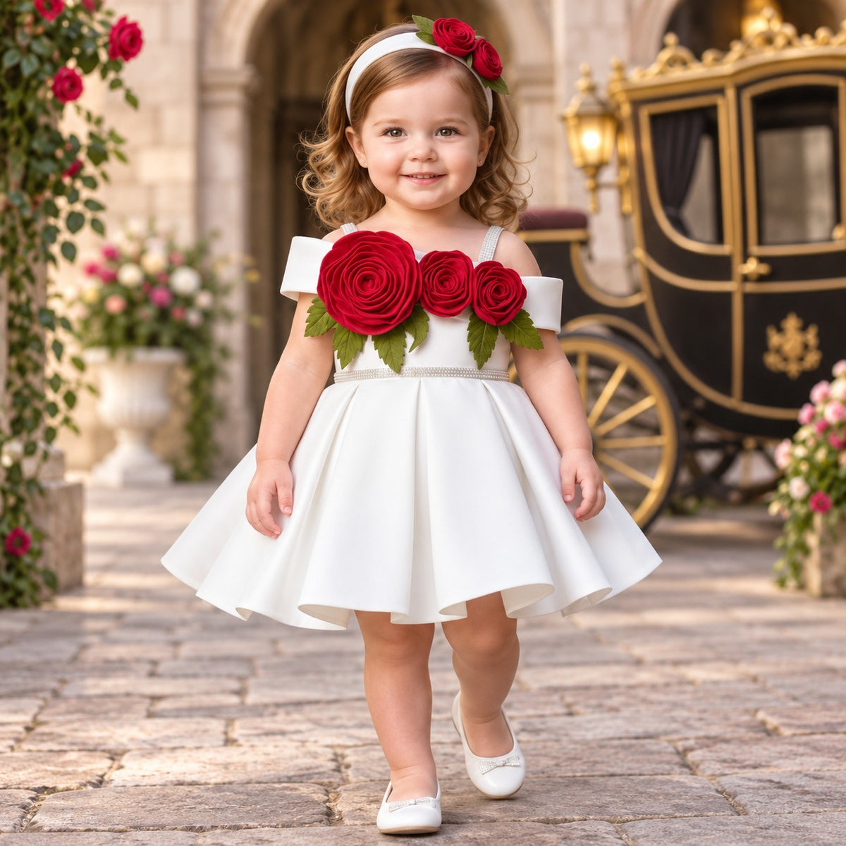 Smile Baby girls white floral party dress front view
