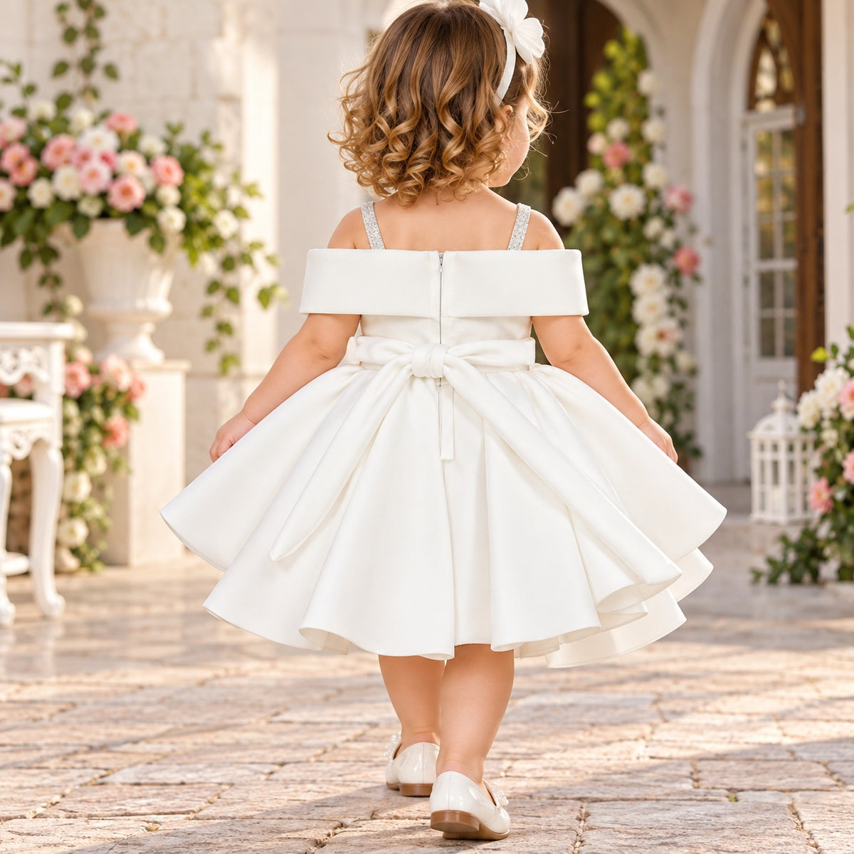 Smile Baby girls white floral party dress back view with bow