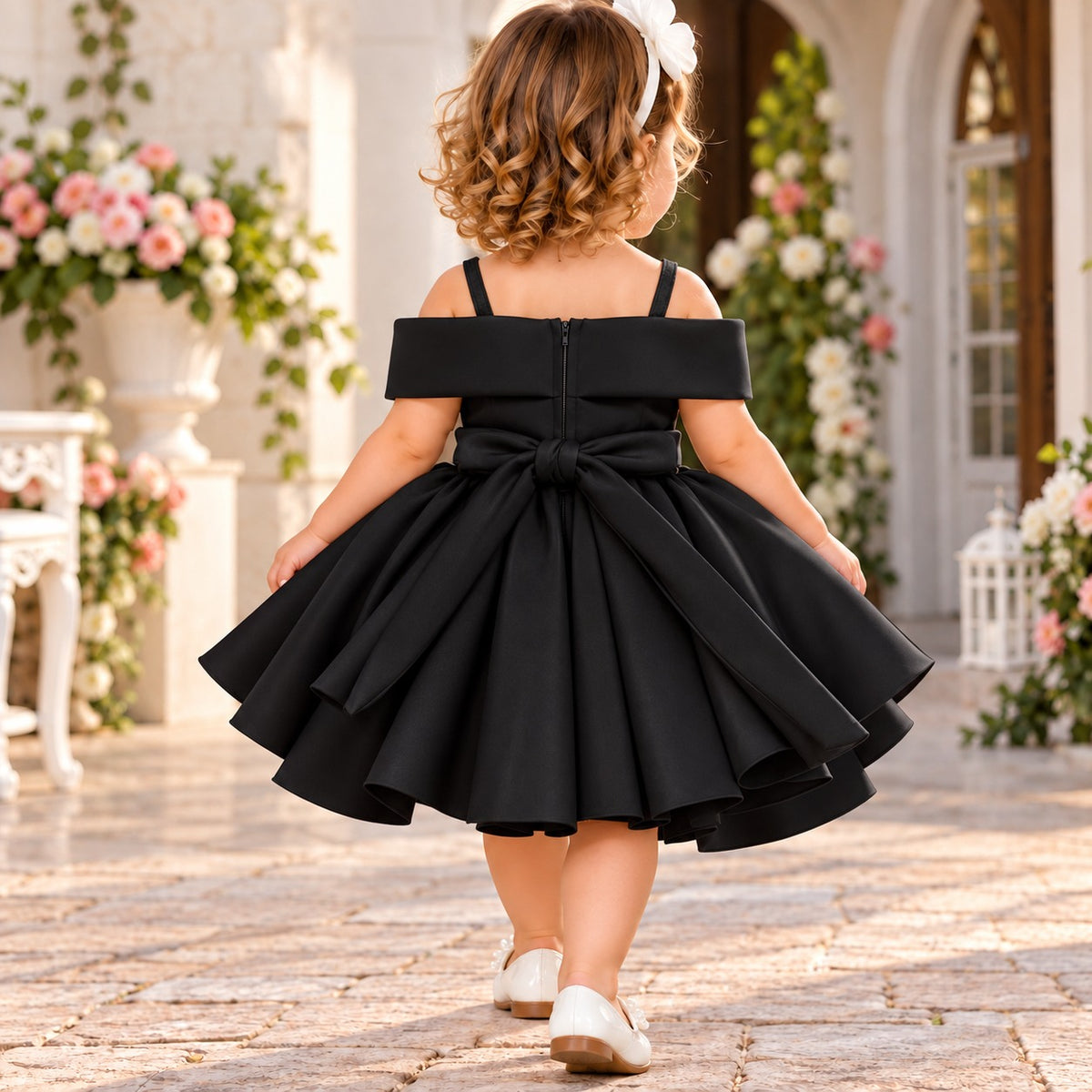 Smile Baby girls black floral party dress back view with bow
