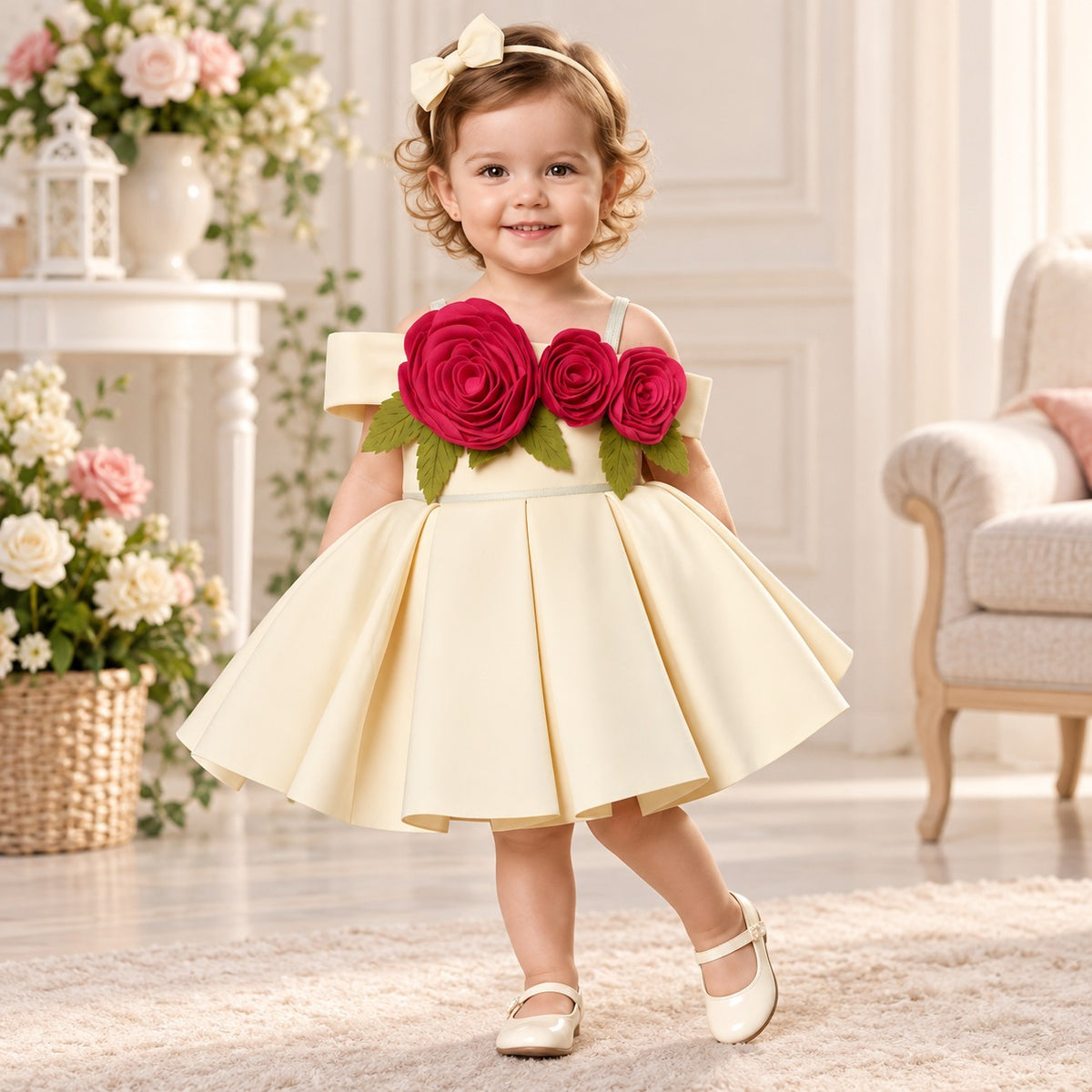 Smile Baby girls ivory floral party dress with red rose detailing