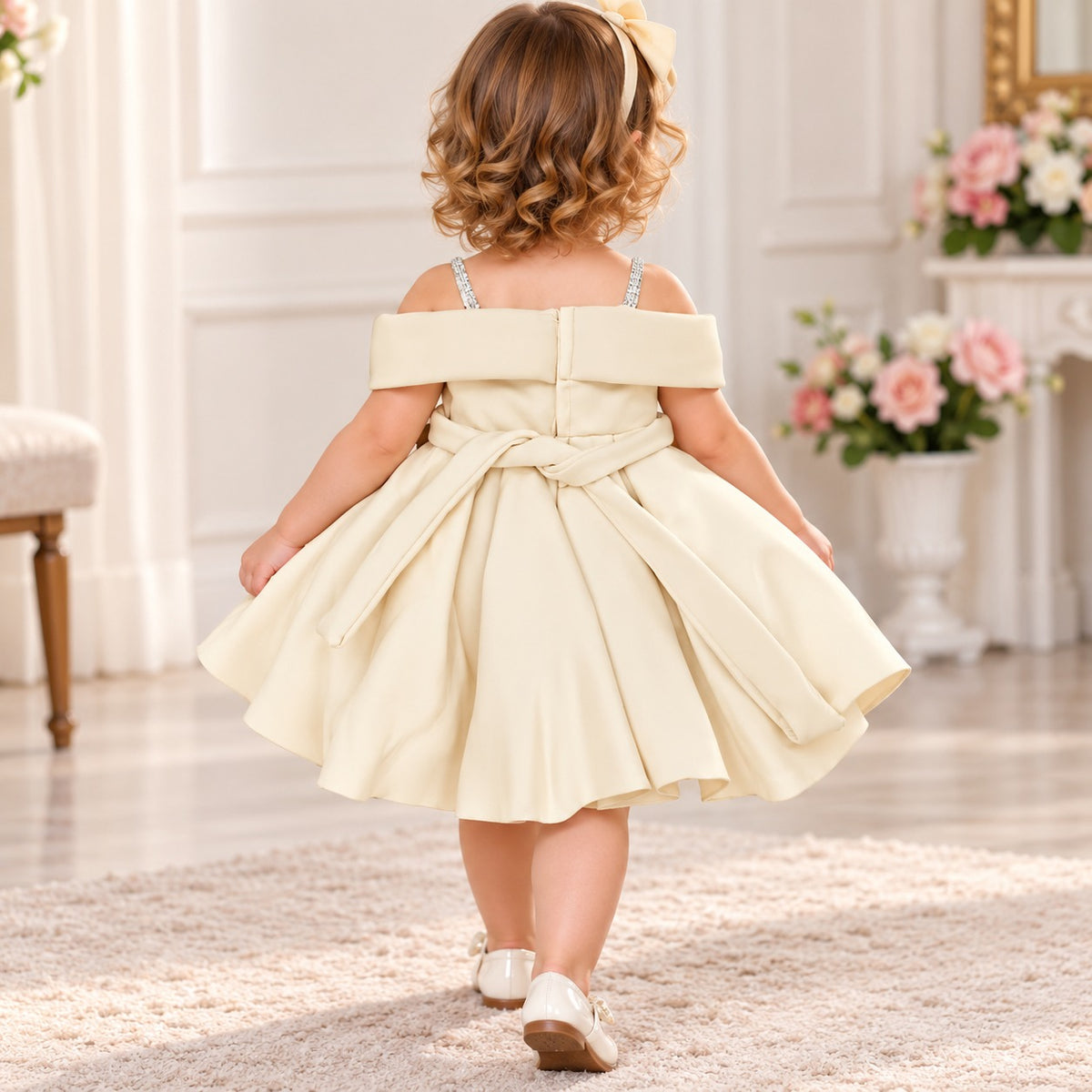 Smile Baby girls ivory floral party dress back view with waist bow