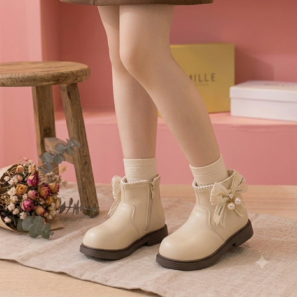 Smile Baby girls beige pearl ankle boots on feet