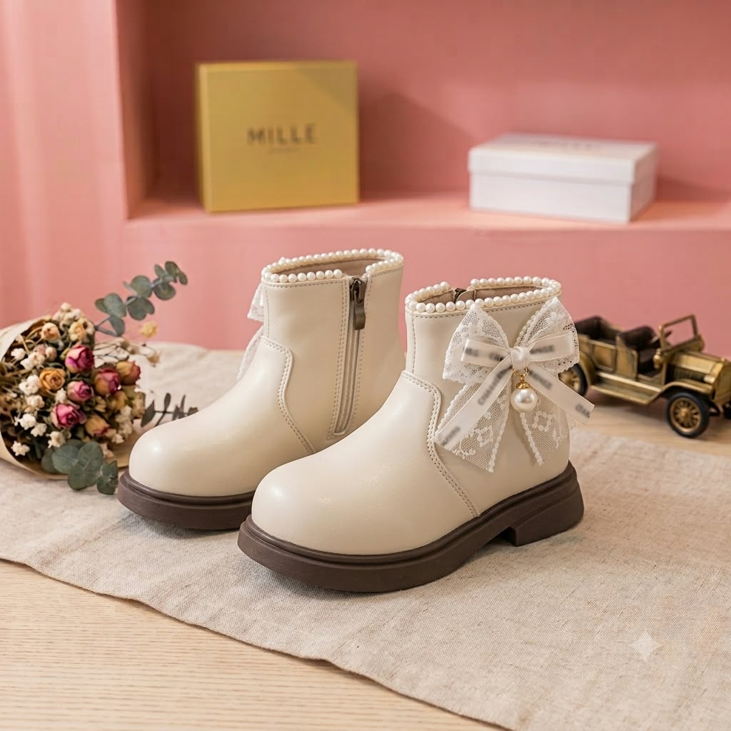 Smile Baby girls beige pearl lace bow ankle boots