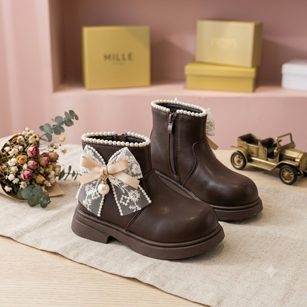 Smile Baby girls brown pearl lace bow ankle boots