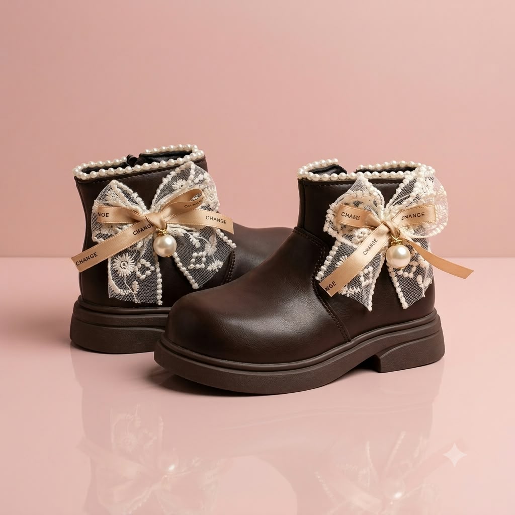 Smile Baby girls brown pearl bow ankle boots lifestyle