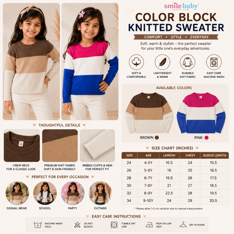 Smile Baby Girls Color Block Knitted Sweater | Full Sleeve Round Neck Winter Sweater - SMILE BABY