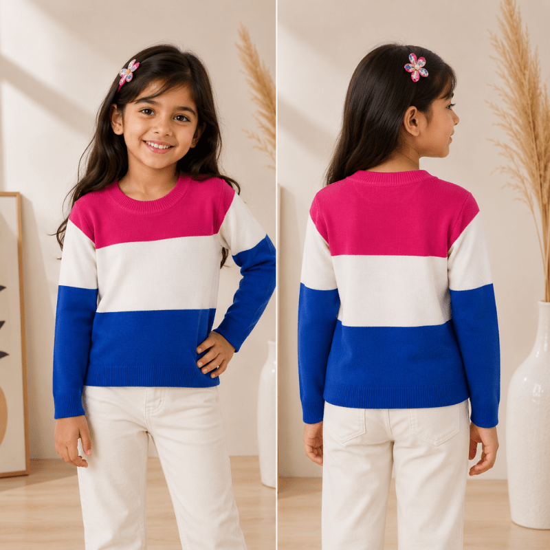 Smile Baby Girls Color Block Knitted Sweater | Full Sleeve Round Neck Winter Sweater - SMILE BABY