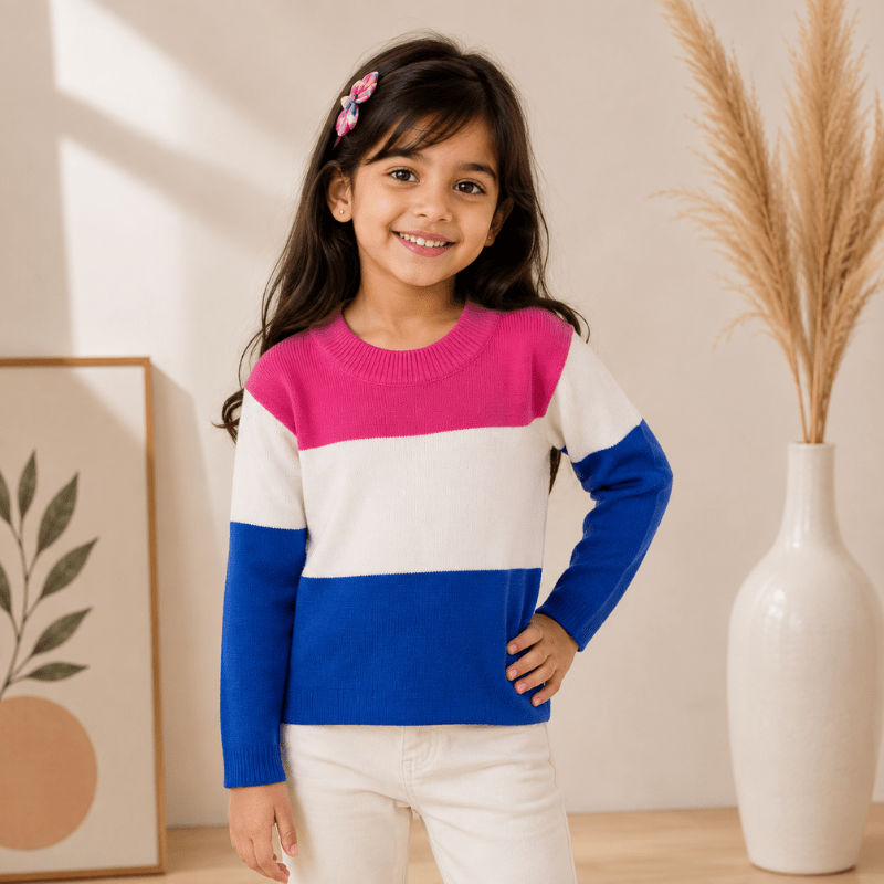 Smile Baby Girls Color Block Knitted Sweater | Full Sleeve Round Neck Winter Sweater - SMILE BABY