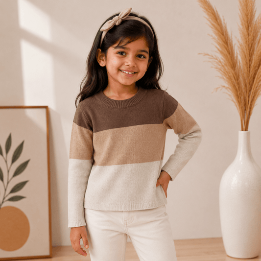 Smile Baby Girls Color Block Knitted Sweater | Full Sleeve Round Neck Winter Sweater - SMILE BABY