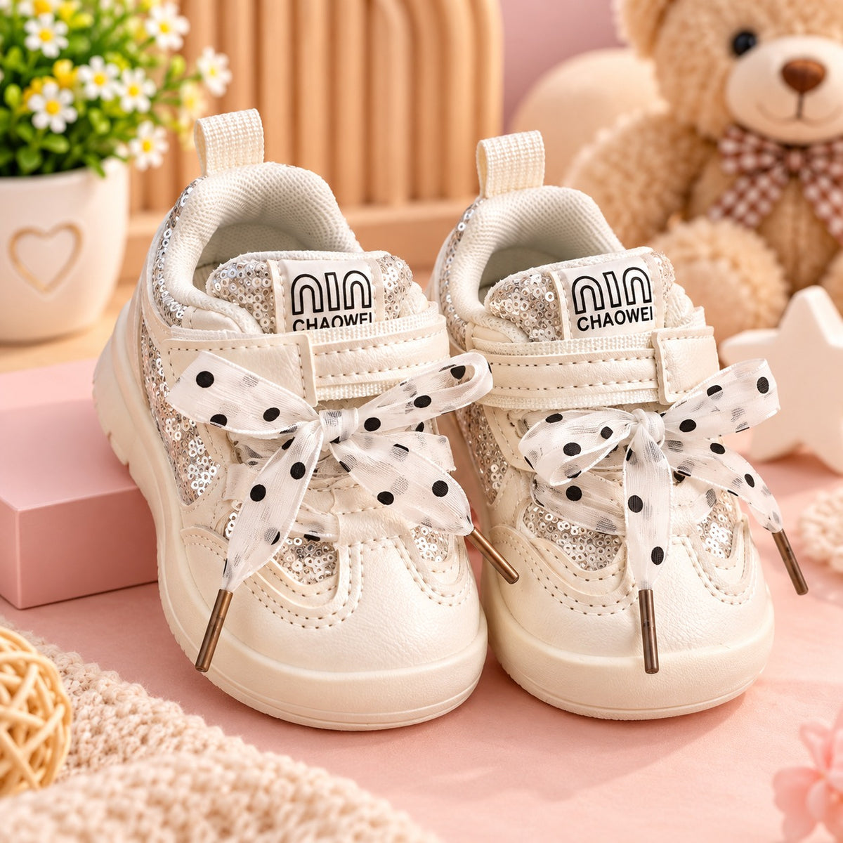 Cream girls sequin sneakers with polka dot bow laces, side view