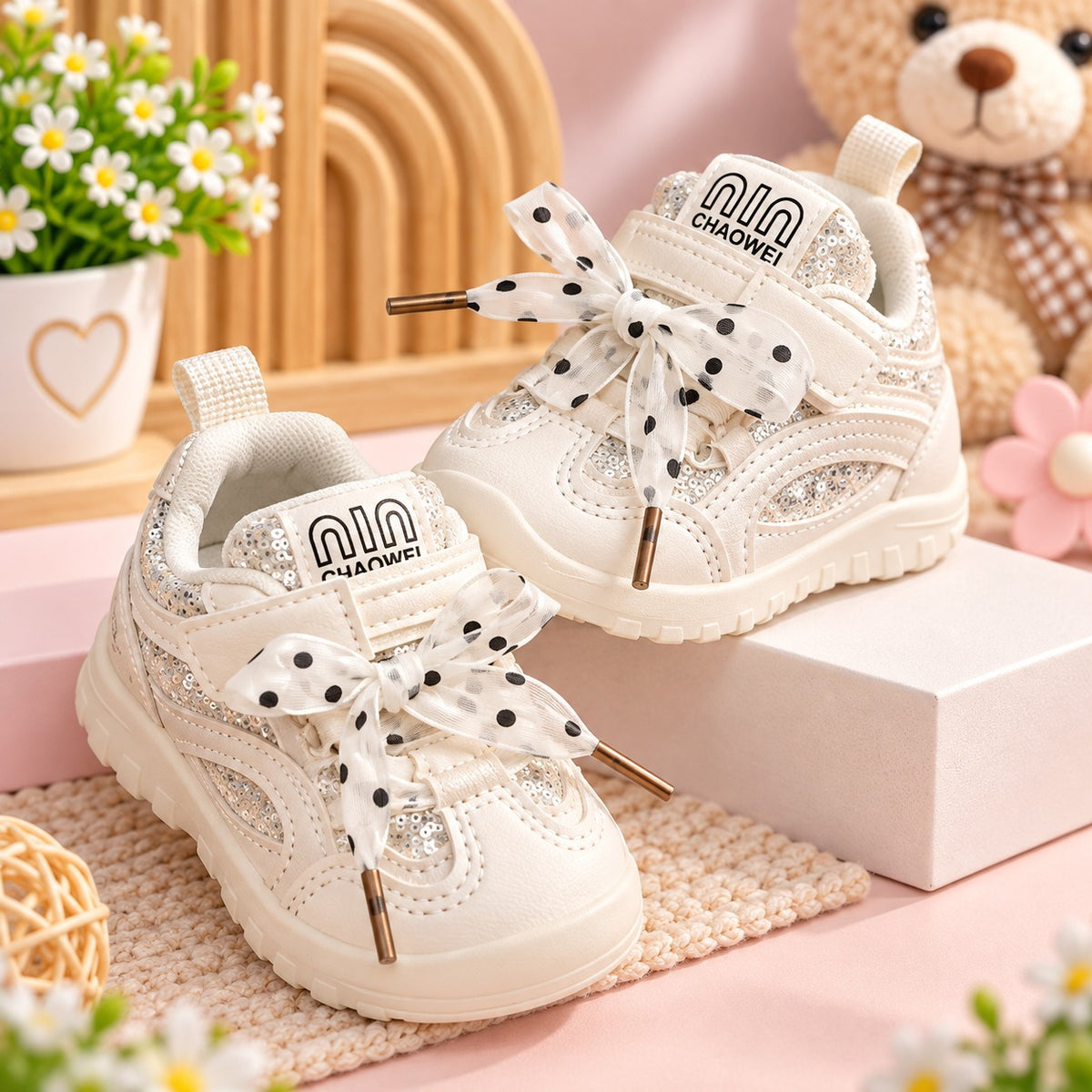 Pair of cream girls sneakers with shimmering sequin panels and polka dot bow laces