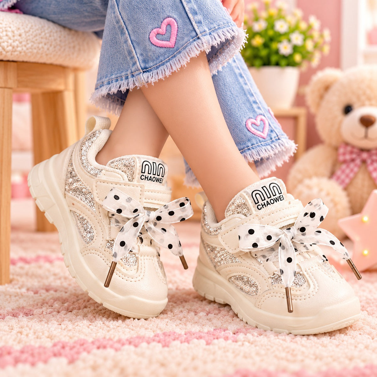 Cream girls sequin bow sneakers displayed at an angle