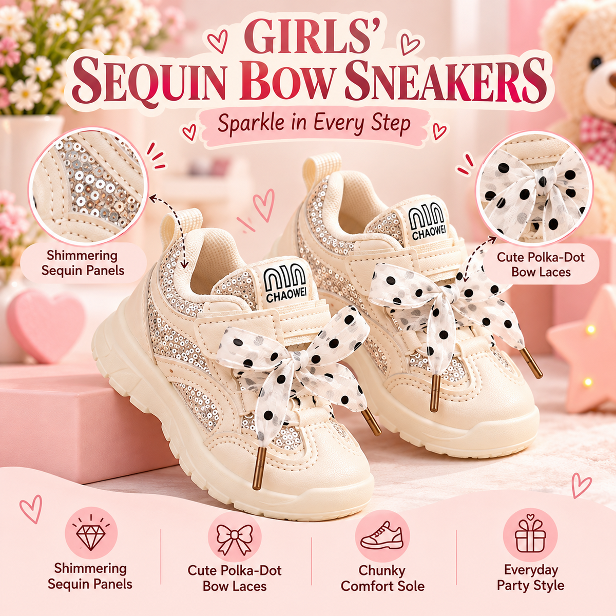 Girls cream sequin bow sneakers product infographic highlighting sequins, bow laces and chunky comfort sole