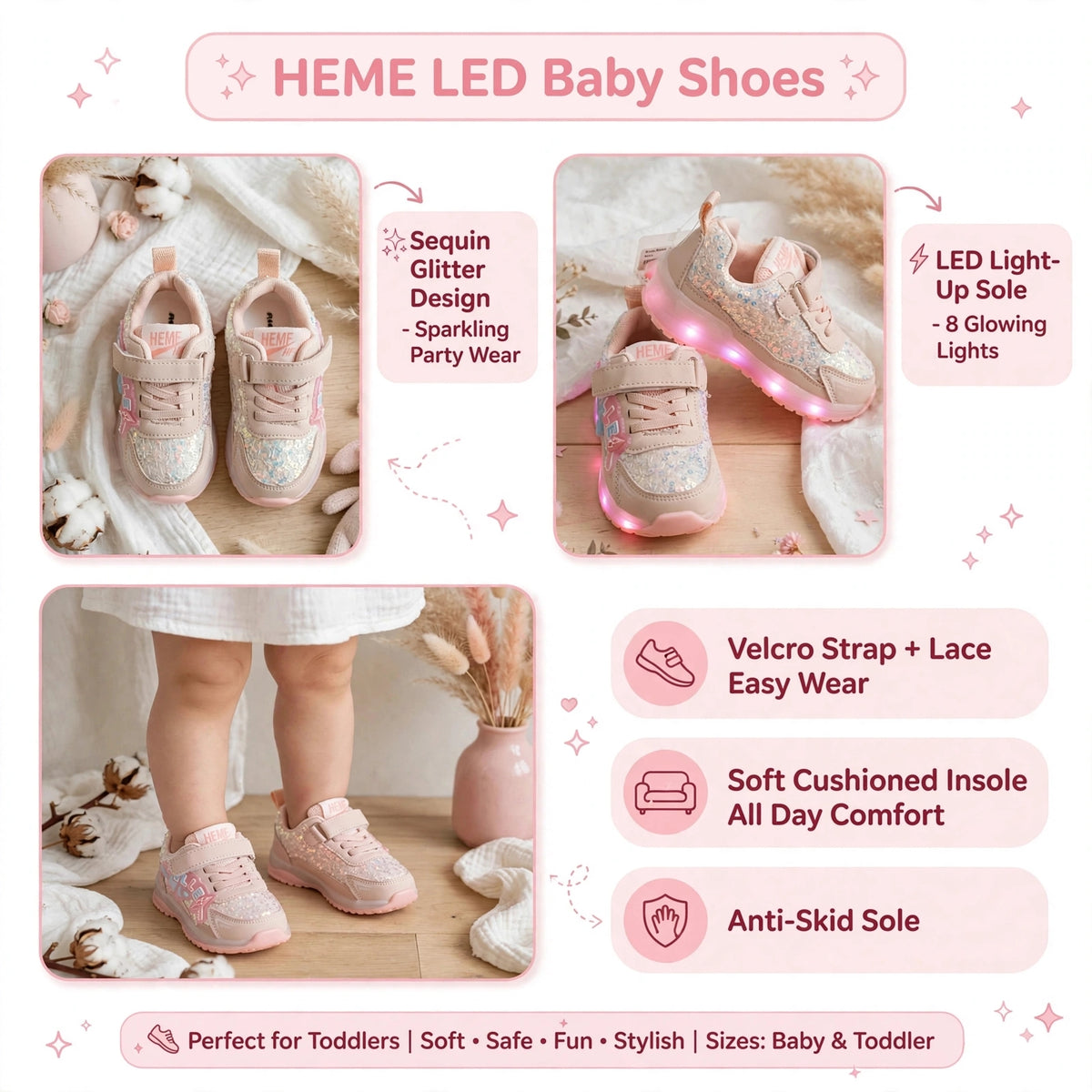 Smile Baby girls LED shoes feature infographic with sequin glitter, Velcro strap and anti-skid sole