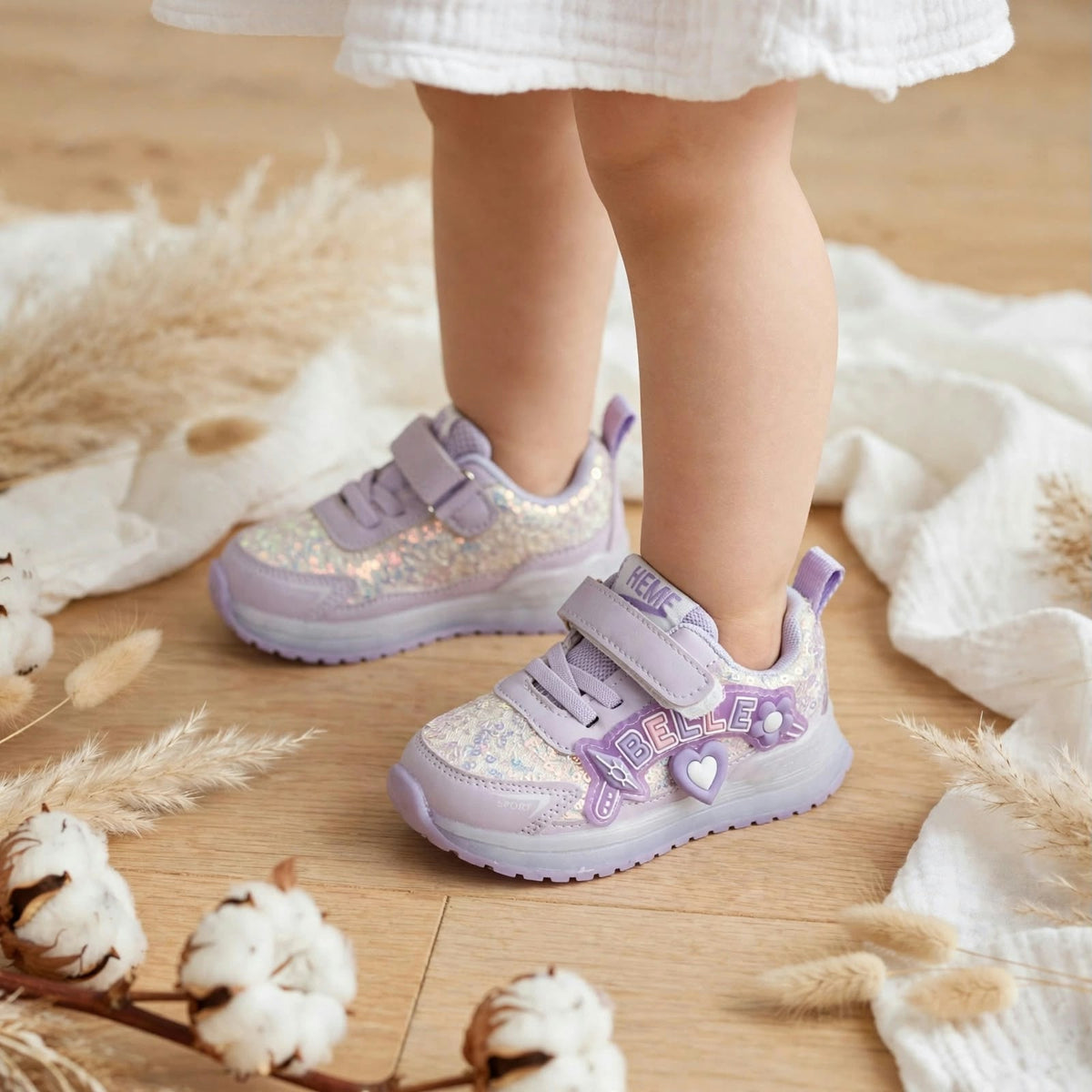 Smile Baby girls LED sneakers in purple with glitter finish worn by child