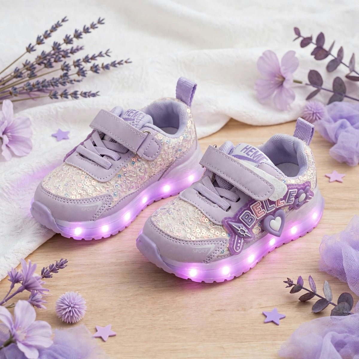 Smile Baby purple glitter girls LED sneakers with glowing sole